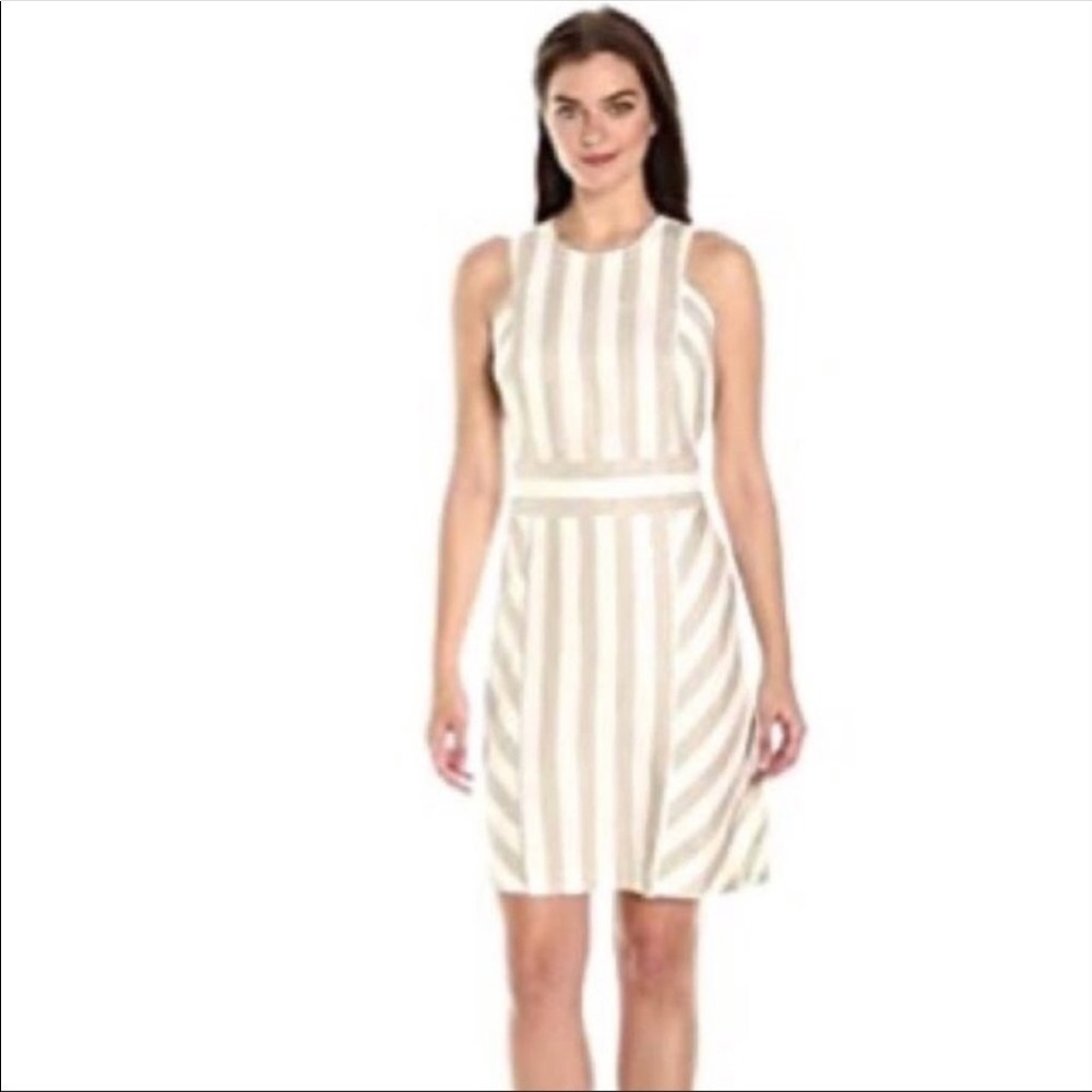 Sharagano size 4 tan & white striped shift dress